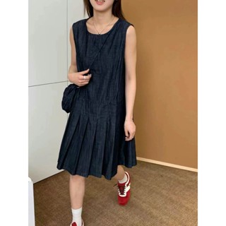 韓係圓領無袖牛仔連衣裙女2025夏季新款寬鬆收腰顯瘦中長款裙子