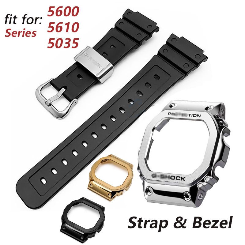 不銹鋼表圈和矽膠錶帶套裝適用於卡西歐 G-shock DW5600 GW/DW5000 GW-M5610 替換金屬錶殼樹