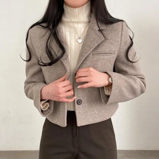 chic 韓國冬季複古簡約高階西裝領單排扣加厚短款毛呢子西裝外套