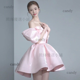 粉色甜美晚禮服 高階宴會生日派對一字領公主風小個子短裙 尾牙春酒晚宴禮服裙照煇優選小鋪