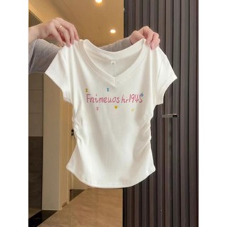 新店特惠/v領修身顯瘦短款T恤字母印花2025夏季新款正肩抽褶短袖小上衣女生