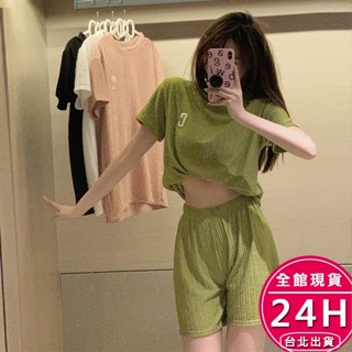 【梨卡】隔日到貨 女裝 上衣 短褲 冰絲【套裝】字母上衣 寬鬆 居家睡衣 百搭短褲 休閒套裝 GA5699【現貨24H】