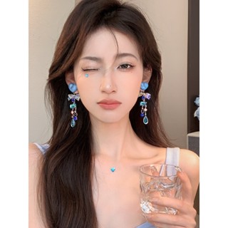 優選#冰搖藍海~水波紋愛心水晶蝴蝶結流蘇耳環小眾設計感高級感耳釘女WY12