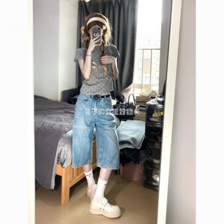 🖤酷颯girl 大碼美式高街淺藍色七分牛仔褲 女 夏季新款高腰顯瘦寬鬆闊腿短褲子七分牛仔褲 百搭顯瘦牛仔短褲 涼感短褲