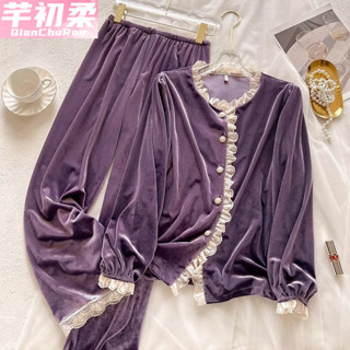 MOMO高階感金絲鑽絨睡衣女春秋冬季娃娃領長袖長褲法式甜美家居服套裝DYJ☆