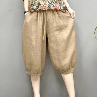 棉麻複古五分褲|高腰燈籠褲新款復古百搭鬆緊腰五分褲女夏季薄款棉麻高腰顯瘦純色燈籠褲
