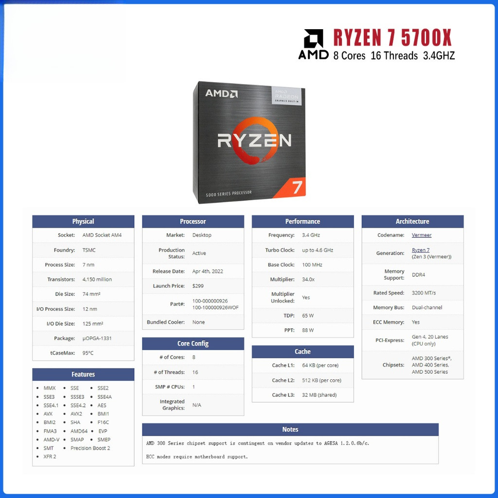 AMD Ryzen 7 5700X 5700X3D 3.4GHz 8 核 16 線程 65W 插槽 AM4 CPU 處理