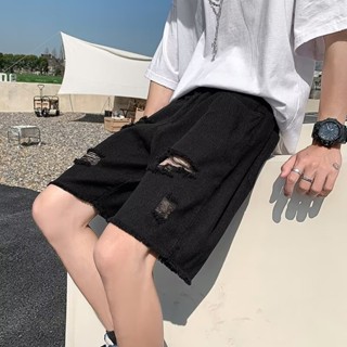 【HOT 本舖】男裝 高街vibe破洞牛仔短褲男夏季美式潮流5分中褲運動休閒寬鬆大褲衩