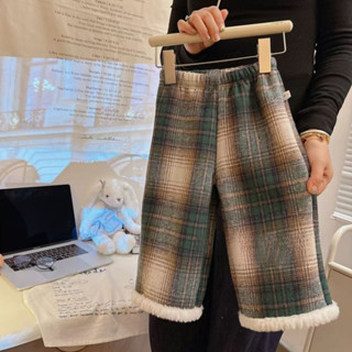 女童保暖格子褲 羊羔絨休閒褲 加絨加厚闊腿褲