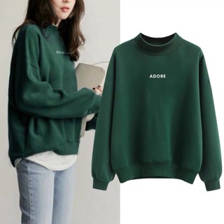 【K-Chic】網紅加絨衛衣女秋冬新款韓版寬鬆半高領綠色外套學生字母上衣