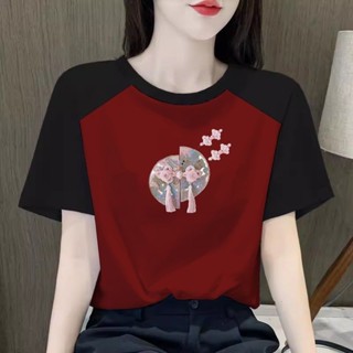 愛依依 大碼女裝 短袖T恤 印花上衣 S-4XL夏季洋氣百搭撞色顯瘦上衣中國風女裝-3636.