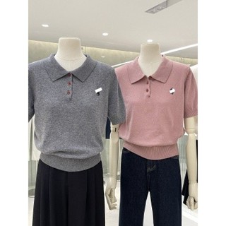 【HOT 本舖】 奶乖韓妹 簡約氣質polo領小馬刺繡短袖針織衫女百搭休閒顯瘦上衣