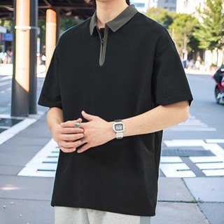 美式polo衫短袖T恤男 夏季潮牌寬鬆大尺碼休閒百搭翻領半拉鍊上衣