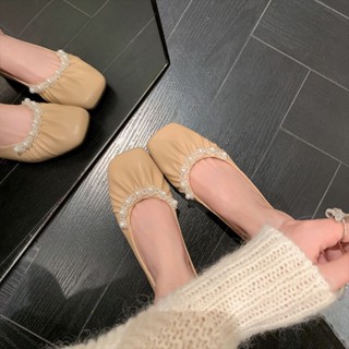 大尺碼女鞋（34-43） 方頭法式珍珠褶皺淺口平底單鞋女奶奶鞋 舒適防滑MAY20