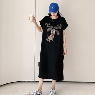 睡裙女 大尺碼 韓版ins風睡衣 oversize 小狗 短袖寬鬆中長款可外穿連身長裙 女版居家睡衣裙