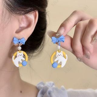 kiki~甜美可愛卡通蝴蝶結貓咪吊墜無耳洞耳夾復古優雅創意蚊香盤耳夾女