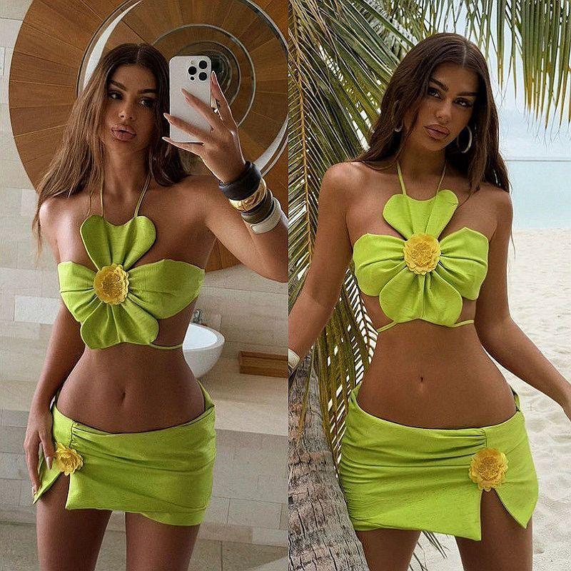「今日推薦🔥」bikini歐美性感比基尼花朵洋氣三件套分體超仙泳裝拍照泳衣女