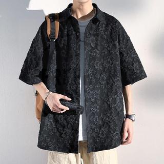 FREEMAN臻選*夏季日系男短袖襯衫 提花 帥氣襯衫 斯文暗花男短袖 黑色暗花 寬鬆大碼 美式復古 男短袖 襯衫