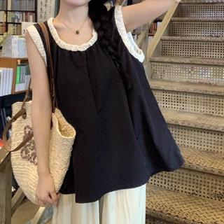 RORO🔸大碼夏季背心 300斤大碼女裝撞色圓領無袖襯衫褶皺甜美娃娃衫上衣慵懶風寬鬆INS