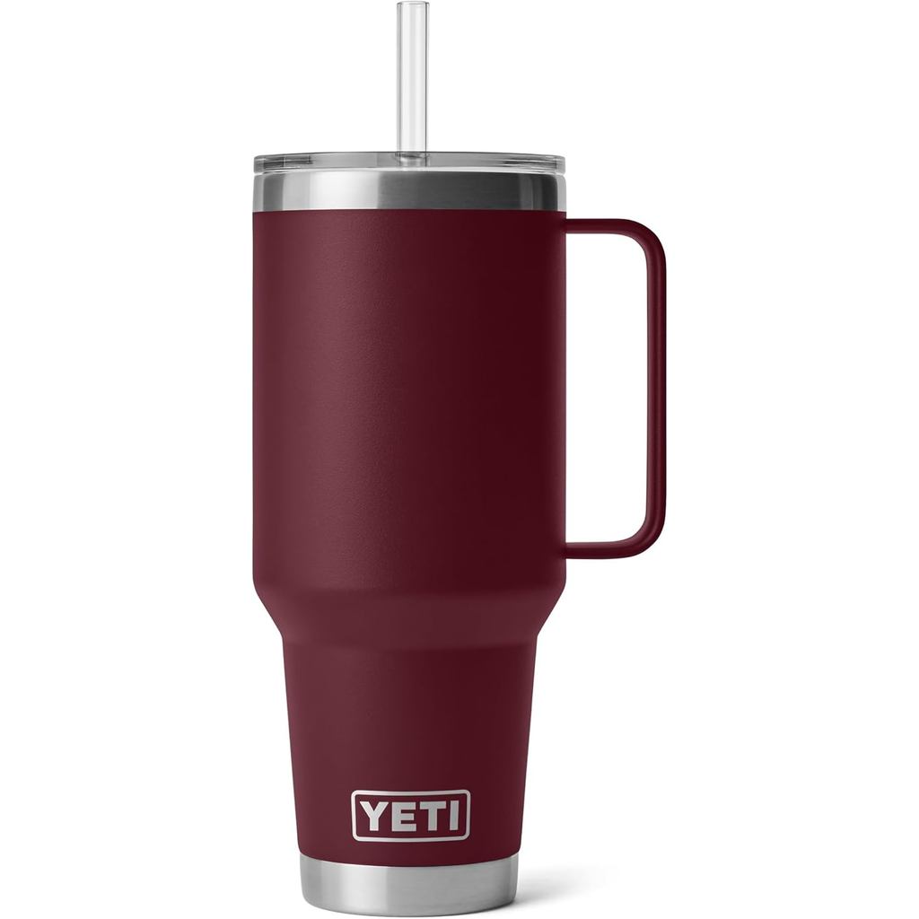 YETI Rambler 42 盎司不倒翁杯帶手柄和吸管蓋、旅行杯水杯、帶手柄的真空保溫杯、不銹鋼、野藤紅
