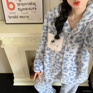豹紋珊瑚絨睡衣女 冬季新款 加厚甜美kitty卡通法蘭絨傢居服套裝 保暖睡衣 睡衣冬天 冬天睡衣 加厚睡衣 珊瑚絨睡衣