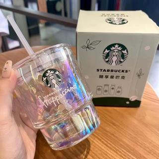 ✨臺灣出貨✨星巴克杯子炫彩吸管杯簡約高顏值375ml波光粼粼桌面玻璃杯 玻璃冷飲杯 玻璃吸管杯 馬克杯夏季水杯