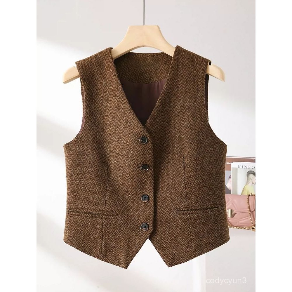 免運 臺灣出貨 毛呢馬甲外套女 英式老錢風人字毛呢馬甲女新款春秋坎肩外套咖啡色灰色氨綸 SQTQ