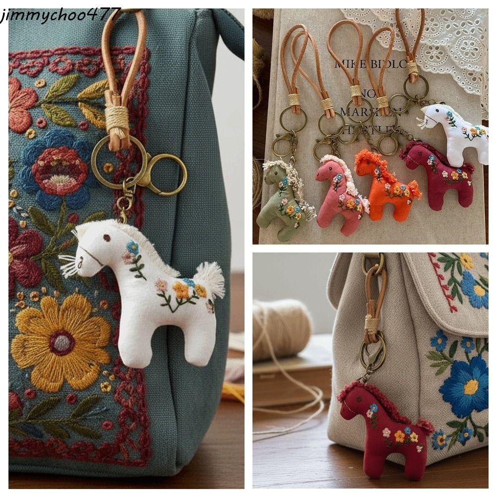 JIMMYCHOO 刺繡馬鑰匙扣,毛絨動物皮繩布小馬挂件,可愛可愛背包掛飾生肖馬吉祥物馬年鑰匙扣新年