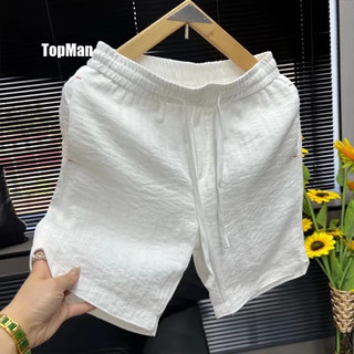 TopMan 男短褲 褶皺感棉麻混紡日系簡約素色男生休閒短褲 黑色 白色 五分褲