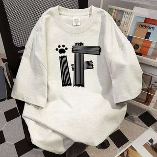 Mr.Z 韓版貓爪IF字母印花短袖T恤男女夏季2026新款寬鬆休閒上衣ins潮流短版上衣美式上衣日系夏裝運動上衣大學T短