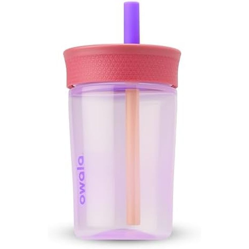 Owala 兒童絕緣無 BPA 塑料杯,帶防潑濺柔性吸管,易於清潔,兒童水瓶,非常適合旅行,洗碗機安全,15 盎司,橙色