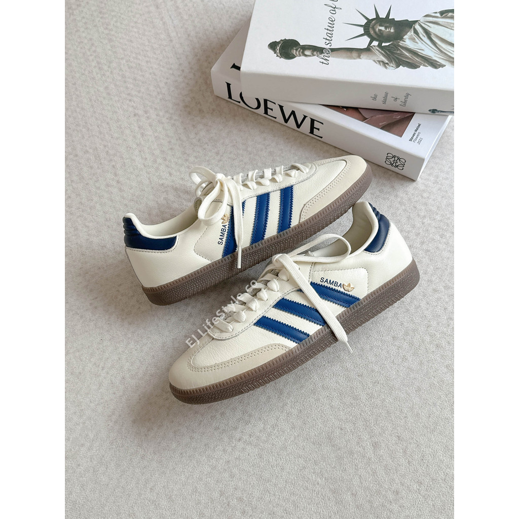 -EJ- ADIDAS SAMBA OG 奶油深海藍 奶油白 米色 焦糖底 金屬小標 三葉草 女鞋 IH6627