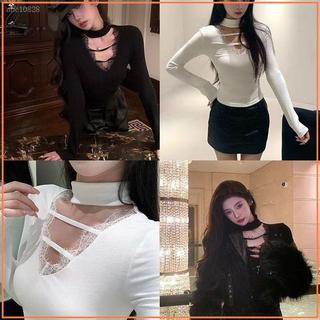 💖台灣出貨💖保暖衣🚀蕾絲德絨內搭打底衫女秋冬辣妹V領長袖掛脖上衣修身顯瘦T恤內搭上衣/長袖/高領/uniqlo/發