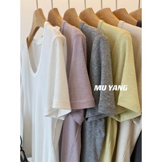 ✨臺灣出貨✨巨愛 舒舒服服！u領萊賽爾羊毛短袖打底T恤女純色百搭tee正肩上衣✨新款✨