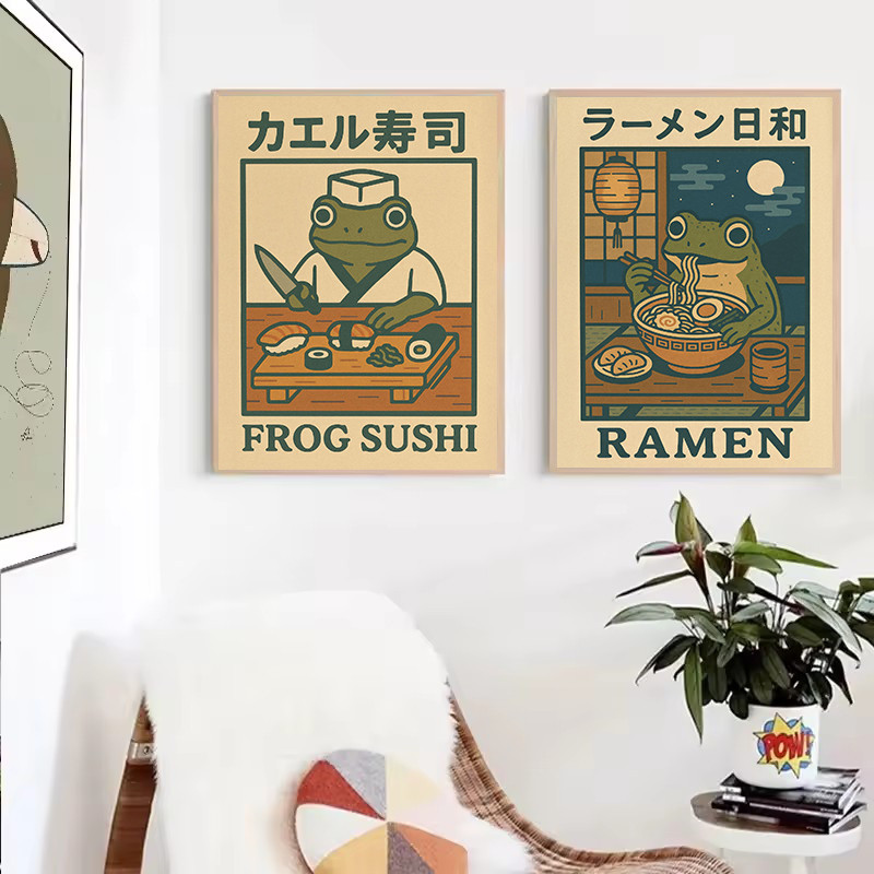 復古日本搞笑青蛙浴缸壽司廚房動物海報帆布畫牆圖片