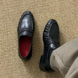 老錢風雕花樂福鞋男款英倫風德比鞋懶人鞋休閒皮鞋通勤cleanfit鞋子
