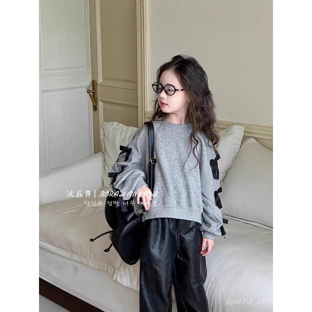 喵咪咪童裝【免運+全店促銷】女童秋裝洋氣設計感衛衣新款中大童韓版蝴蝶結拚接長袖上衣潮 女童上衣 兒童內搭衣9