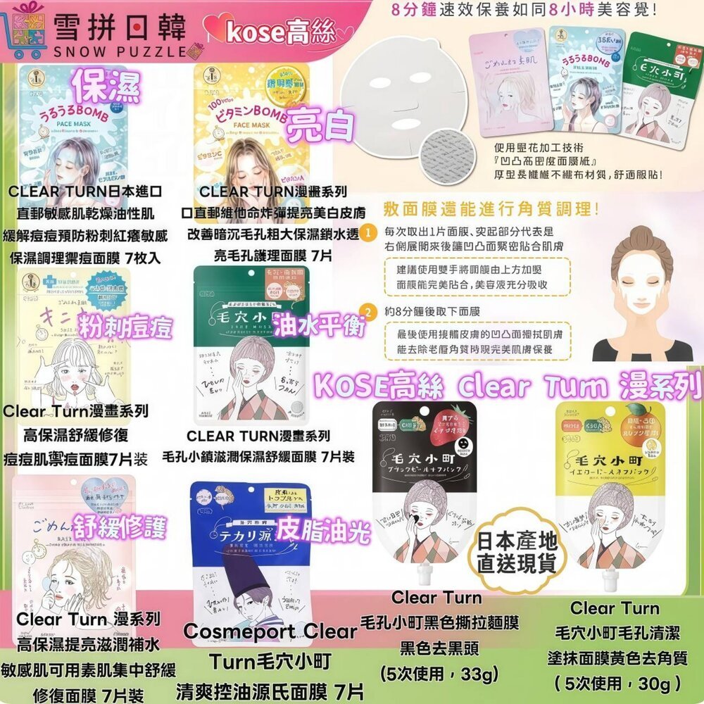 🛒雪拼日韓 ❆ KOSE 高絲 光映透 8分鐘插畫面膜-7枚入 集中調理禦痘面膜 爆彈保濕 速攻集中 毛穴小町 眼霜