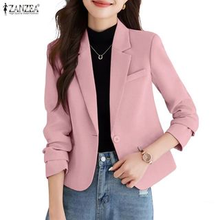 ZANZEA 女式韓版職場OL翻領長袖鈕扣純色氣質西裝外套