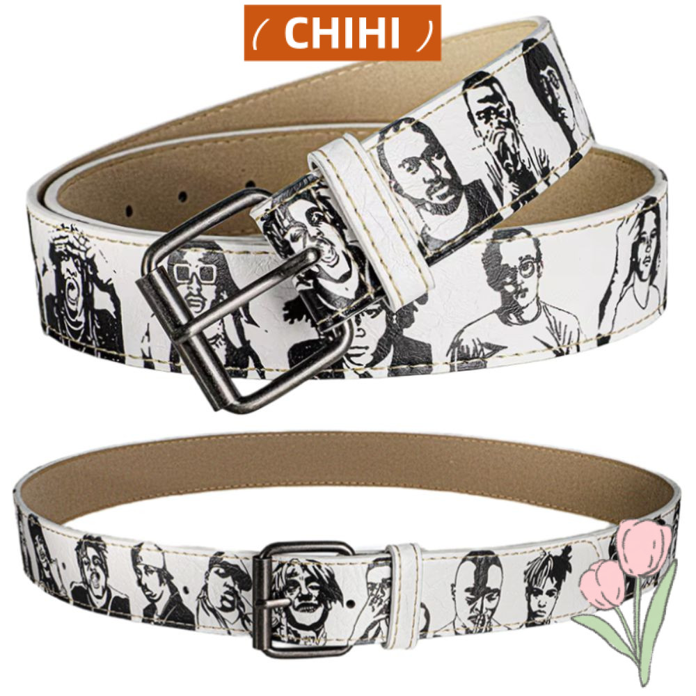 CHIHI皮帶,人造革可調節嘻哈街頭腰帶,說唱歌手印花搖滾代表角色時尚百搭皮帶扣腰帶男士女士