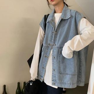 愛依依 牛仔外套 馬甲外套 背心 牛仔衫 M-2XL 新款BF風無袖工裝POLO領寬鬆中長款坎肩-12021.