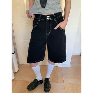 Plus Story'' ⌜百搭神褲⌟ 美式復古黑色明線高腰雙扣闊腿顯瘦五分牛仔中褲 顯瘦闊腿褲 黑色牛仔褲 通勤穿搭