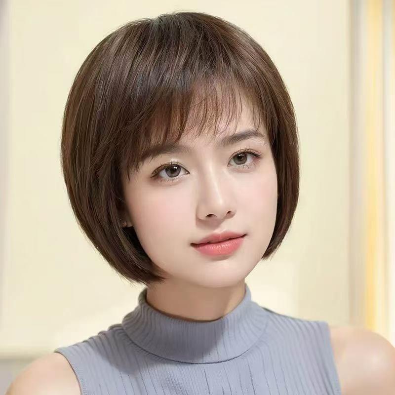 🎉可開發票🎉假髮女波波發短直髮可斜可齊劉海真人髮絲整頂高檔輕薄時尚假髮套