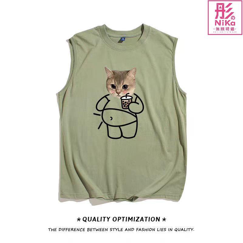 【男士坦克背心】2026新款背心男健身運動百搭大碼奶茶貓趣味個性白色無袖t恤