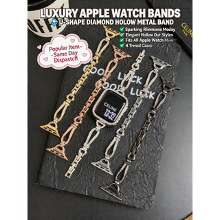 台灣現貨~ 適用於 Apple Watch 12 11 10 U型鑲鑽鏤空金屬錶帶 新款42 44 45 46mm腕帶