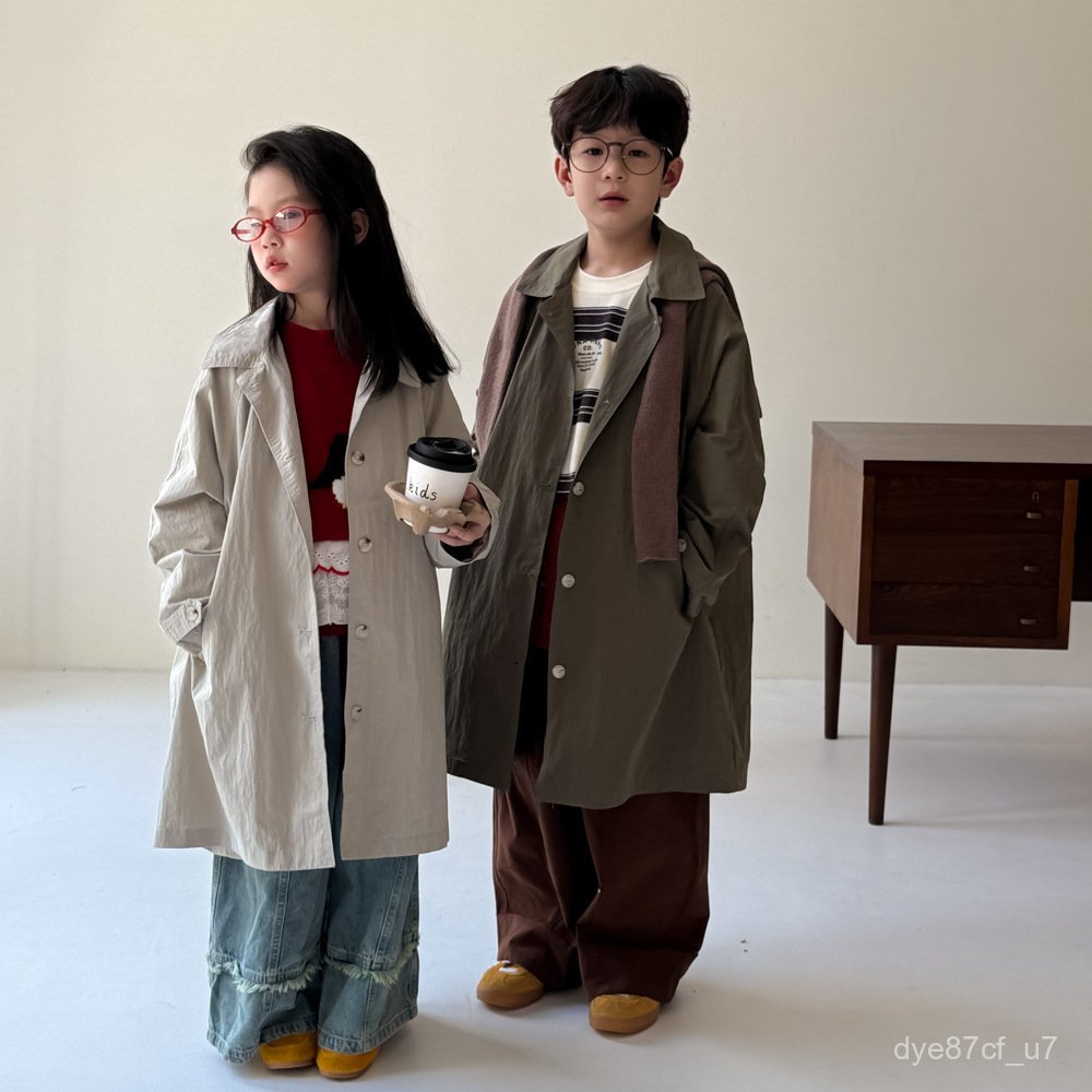 喵咪咪童裝【免運+全店促銷】童風衣秋季男童女童韓版中長款插肩袖休閒外套兒童翻領夾克衫 女童大衣 女童風衣 女童上衣