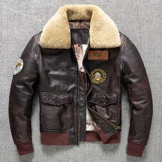 【頭層牛皮】皮外套 皮衣 皮衣外套 真皮皮衣 G1飛行員皮夾克 男機車風 做舊石磨 毛領加棉 冬季潮流