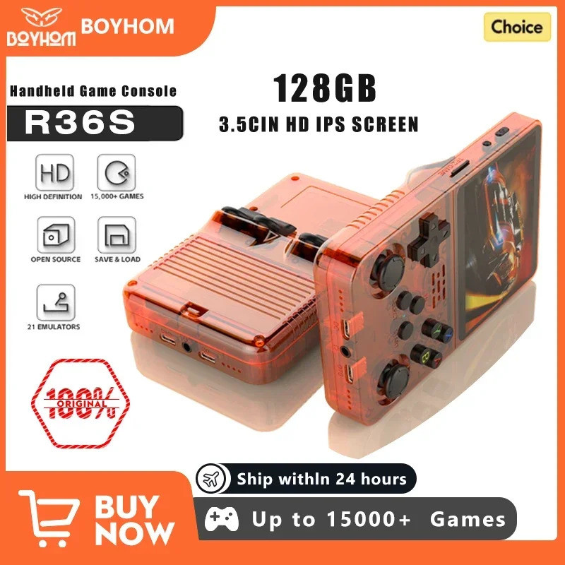 128GB 開源 R36S 視頻遊戲機 Linux 系統 3.5 英寸 IPS 屏幕橙色便攜式袖珍視頻播放器 64GB