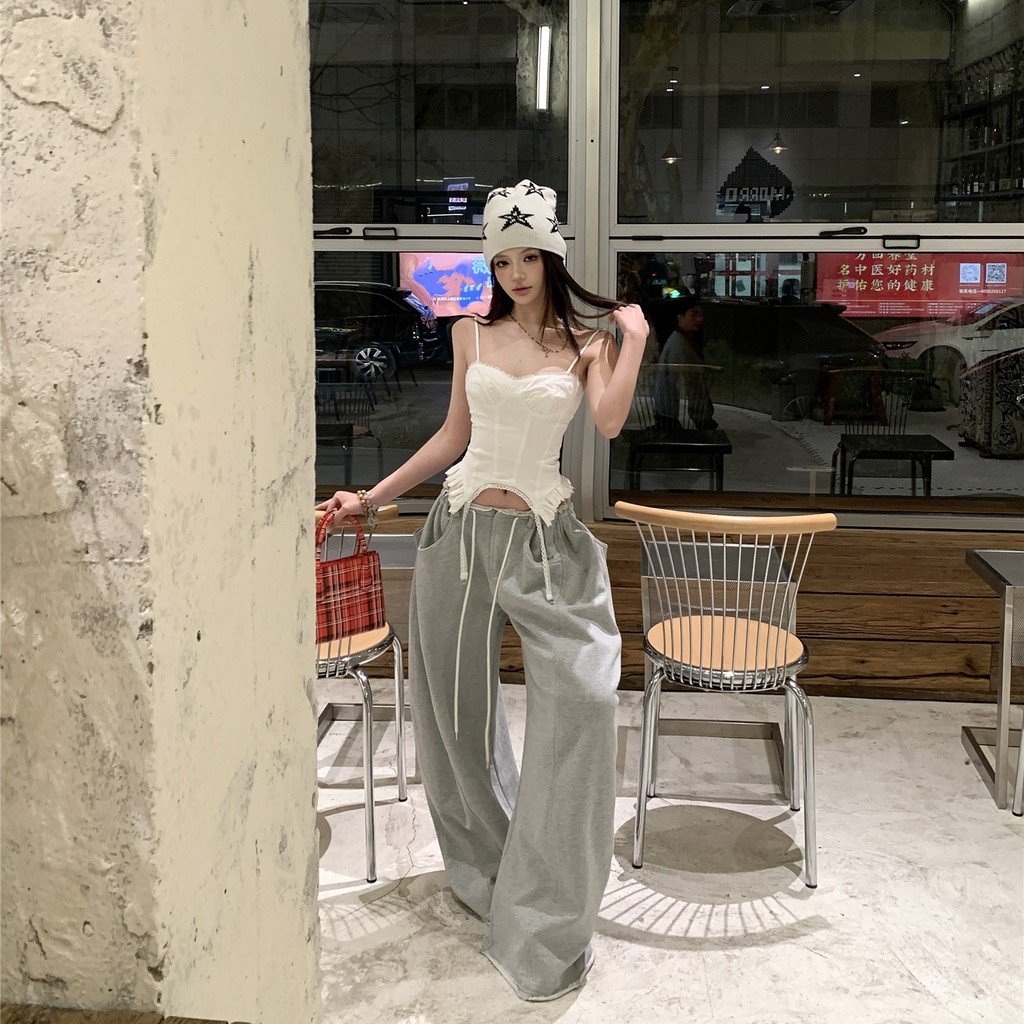 實拍 S-M 蕾絲拼接吊帶上衣女+寬鬆衛褲女 辣妹套裝女 收腰顯瘦外穿背心女 白色背心 美式上衣 寬鬆闊腿褲休閒褲長褲女