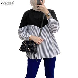 ZANZEA 女士穆斯林休閒圓領燈籠袖條紋拼接寬鬆 A 字襯衫